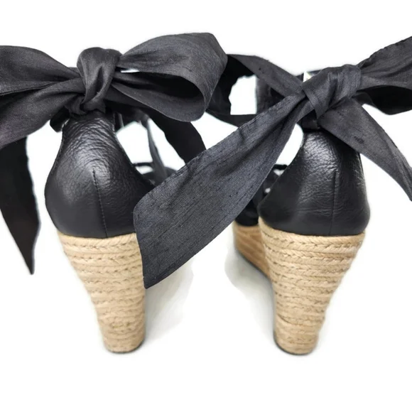 UGG Lucianna Black Ribbon Ankle Wrap Tie Peep-Toe Braid Jute Wedge Heel Sandals - Picture 9 of 11